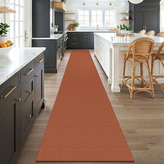 KOZYFLY Orange 2.5'x18' Runners Rugs for Hallway, Extra Long Washable Runner Rug, Woven Non Slip Kitchen Runner, Cotton Entryway Rug, Floor Carpet for Entry, Aisle, Hall, Burnt Orange/Tan
