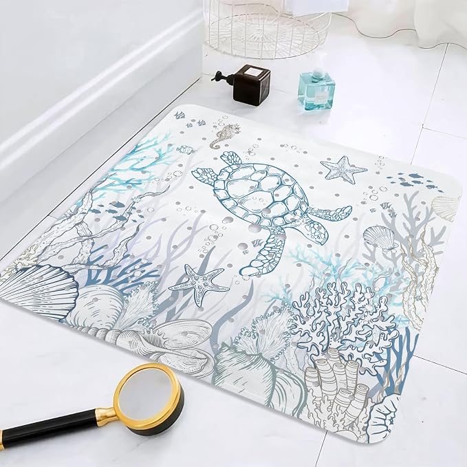 Sea Turtle Square Anti Slip Shower Mats for Inside Shower Accessories, Cute Bath Mats for Bathroom Non Slip Shower Floor Mat Decor Rubber Bathmat With Suction and Drain Holes Machine Washable, 21″X21″