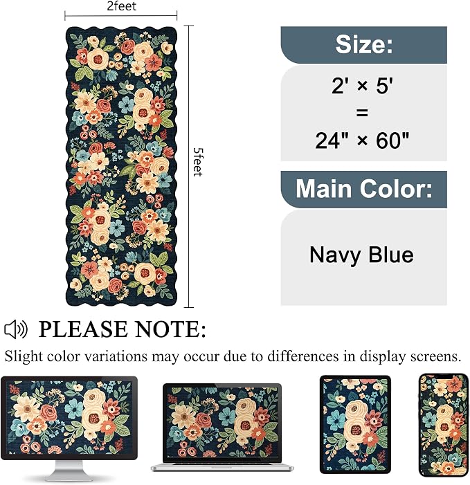 DUKINO 2x5 Washable Runner Rugs, Non Slip Floral Print Entryway Rug with Soft Low Pile, Lightweight Mat for Living Room, Bathroom, Bedroom, Kitchen, Navy Blue