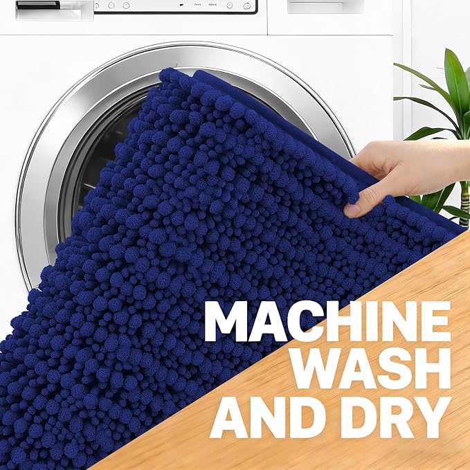 OLANLY Bathroom Rug Mat 24x16, Thick Soft and Absorbent Chenille Bath Mat, Non-Slip Rubber Backing, Machine Washable Quick Dry Bath Rugs for Tub Shower Floor, Home Decor Accessories, Navy Blue