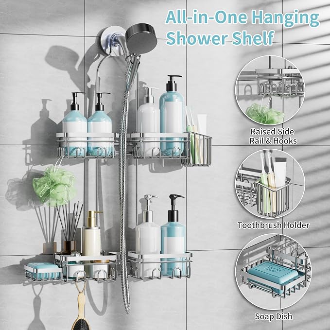 KEGII Shower Caddy Hanging for Handheld Showerheads, Rustproof Hanging Shower Organizer with Soap Dish, Toothbrush Holder and Hooks, Over Showerhead Caddy for Bathroom, Silver