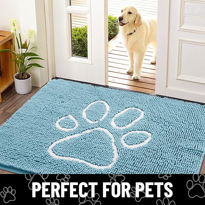 Smiry Dog Door Mat for Muddy Paws, Absorbent Dirt Trapper Non Slip Quick Dry Washable Chenille Mat for Mud Dogs, Entry Rug for Indoor and Outdoor (36x24 Inches, Sky Blue and White)