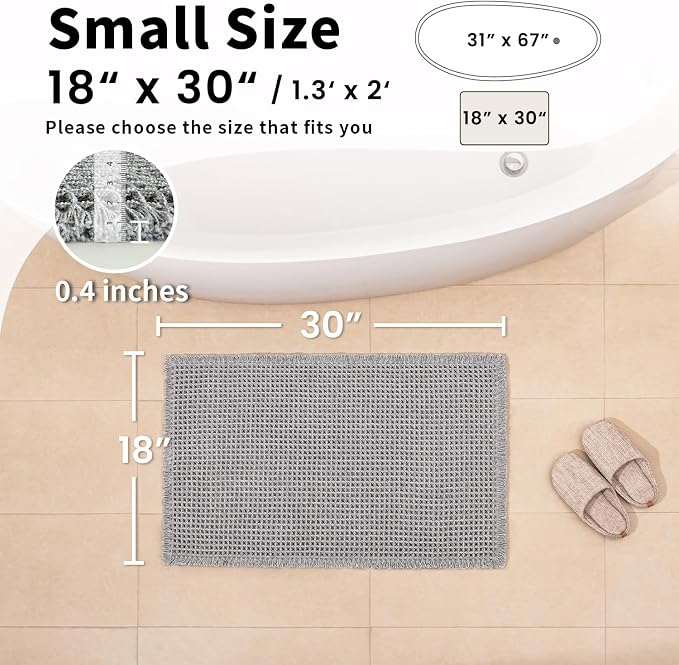 Waffle Bath Mat - Boho Bathroom Rugs Non Slip Washable, Super Absorbent & Quick Dry, Small Bath Mats Farmhouse Bathroom Decor, 18'' x 30'', Light Grey
