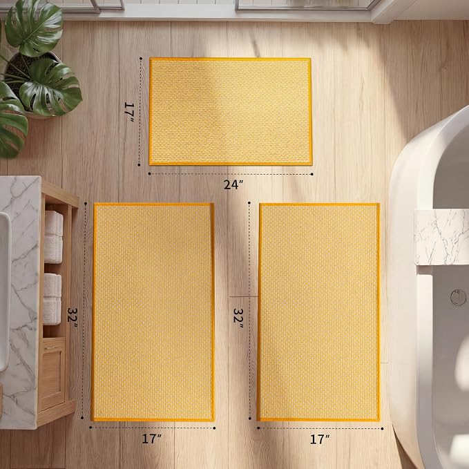 YIHOUSE Thin Bath Mat Yellow Bathroom Rugs Sets 3 Pieces, Non Slip Absorbent Bath Mats Quick Dry, Woven Braided Rugs Washable,Tapetes para Baño for Bathroom,Bathtub(17"x24"+17"x32"+17"x32")