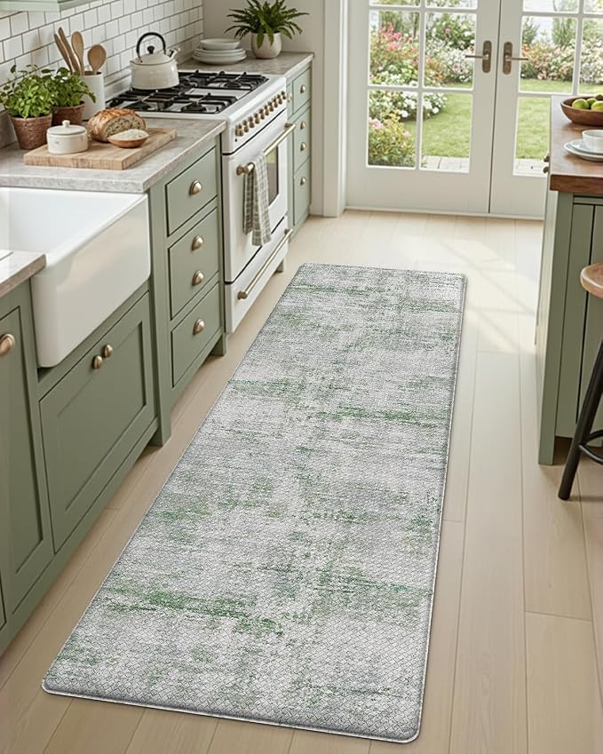 DEXI Kitchen Mats Cushioned Anti Fatigue, 23x86 Floor Padded Runner Rug Non Slip, Waterproof Standing Comfort Memory Foam for Front Sink Laundry, Green