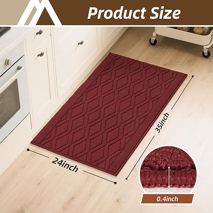 COSY HOMEER Kitchen Rugs 24"x35" Non-Slip Washable Kitchen Mats for Floor Polypropylene Absorbent Kitchen Floor Mat for Kitchen Sink Entryway,Red