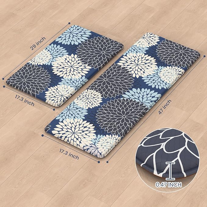 Anti Fatigue Kitchen Mats 2PCS,Boho Dahlia Kitchen Rugs Non Slip Rubber Backing,Farmhouse Waterproof Kitchen Mat for Floor,Cushioned Standing Mat for Kitchen,Sink,Desk,Mutil-Blue