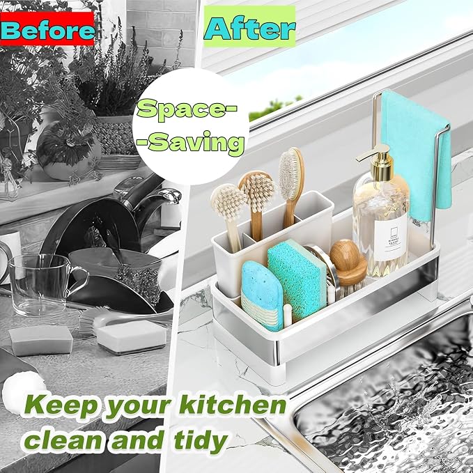 Sink Caddy Organizer, Kitchen Sponge Holder for Sink with Quick Drain Tray & Detachable Towel Rack, Sturdy Rustproof Kitchen Countertop Organizer for Sponge Soap Dispenser (White)