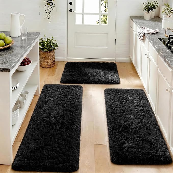 Ophanie Small Rug Washable Non Slip Throw Bedside Area Rugs, Fluffy Soft Mini Bedroom Carpet, 1.5x2.5，1.5x4 and 1.5x5 Rug Set, 3 Piece Black