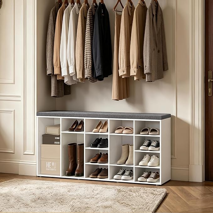 DINZI LVJ Shoe Storage Bench, 20-Cubby Shoe Rack Bench with Cushion, Fully Adjustable Shelves, Shoe Organizer for Closet, Entryway, Mudroom, Hallway and Garage, White