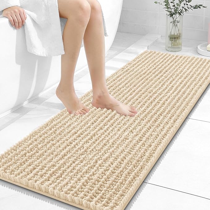 OLANLY Long Bathroom Rugs Runner 47x17, Thick Soft and Absorbent Chenille Bath Mat, Non-Slip, Machine Washable Quick Dry Bath Rugs for Tub Shower Floor, Home Decor Accessories, Beige