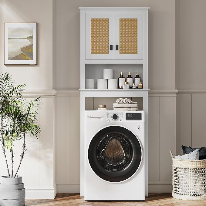 GarveeHome Over The Toilet Storage Cabinet, Farmhouse Over Toilet Bathroom Organizer with Rattan Doors, Freestanding Wood Above Toilet Storage Cabinet with Adjustable Shelf, White