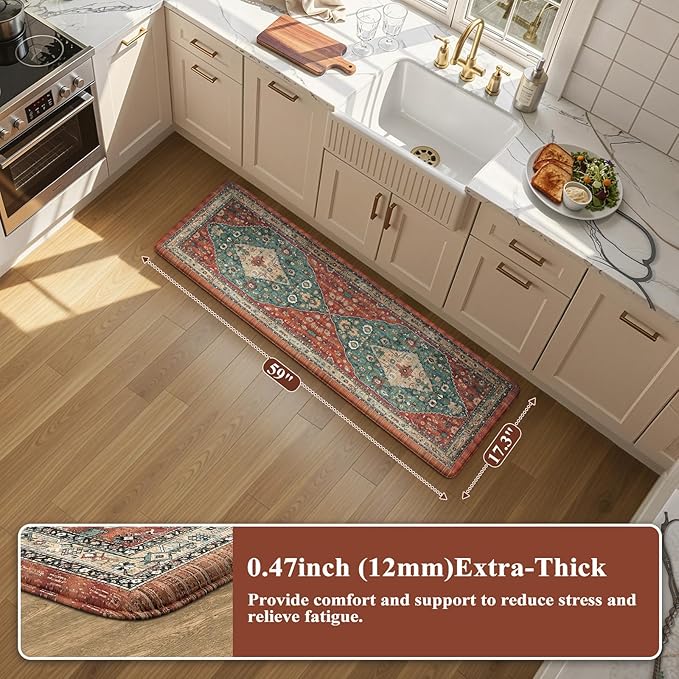 Collive Kitchen Rugs Anti Fatigue Kitchen Runner Mats Cushioned, Comfort Fatigue Mats for Standing, 17.3”x59” Red Non Skid Washable Kitchen Floor Mats for Office, Sink, Laundry
