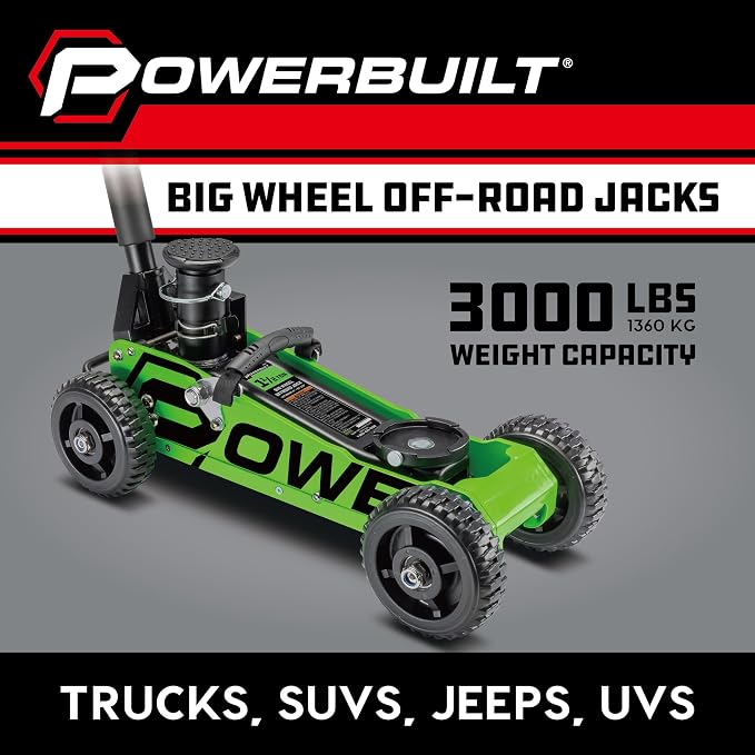 Powerbuilt 1.5 Ton Big Wheel Off Road Jack, Vehicle Lift for Trucks, SUVs, ATVs Offroad Vehicles, Oversized Wheels for Rugged Terrain, 3000 LB Capacity, Green 620628ECE