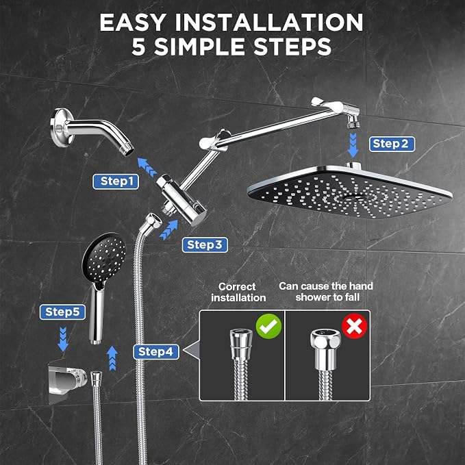 Veken 11.8" Rain Shower Head with Handheld, High Pressure Handheld Shower with Multi Spray Modes, Rainfall Combo with 15" Metal Extension Arm, Detachable Dual Shower, Bathroom Decor, Chrome Silver