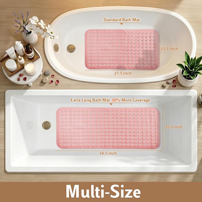 Yimobra Bathtub Mat Non Slip, Super Strong Suction Cups, 28"X16" Long Shower Mat with Drain Holes, Machine Washable Fast Draining Bath Mats, Bathroom Essentials,Pink