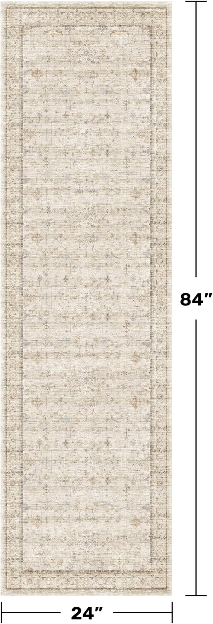 Beige Boho Bathroom Rug 2x7 - Non Slip Washable Floral Runner Rug for Kitchen Floor, Hallway, Farmhouse Entryway Mat with Geometric Pattern, Vintage Low Pile Stain Resistant Carpet