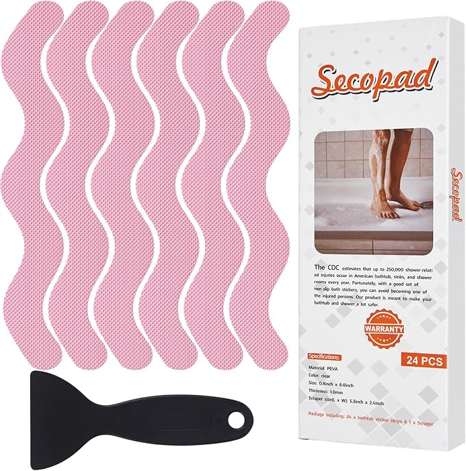 Secopad Patented Anti Slip Shower Stickers, 24PCS Adhesive Decals Safety Strips with Scraper for Bath Tub, Shower Floor, Stairs, Pink, 0.8"*8"