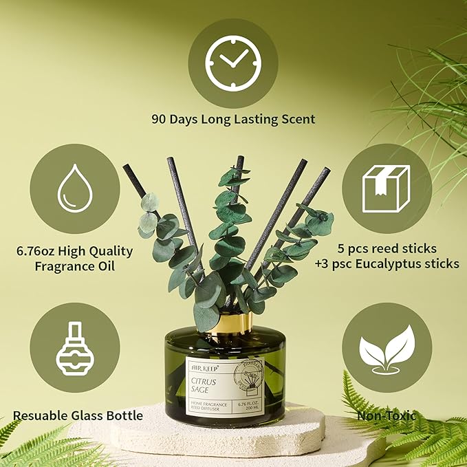 Airkeep Reed Diffuser Set with 6.76 fl oz Citrus&Sage Scent Essential Oils and 3 Leaves & 8 Diffuser Sticks,Bathroom Shelf Decor & Air Freshener, House Bedroom Office Decor & Gifts