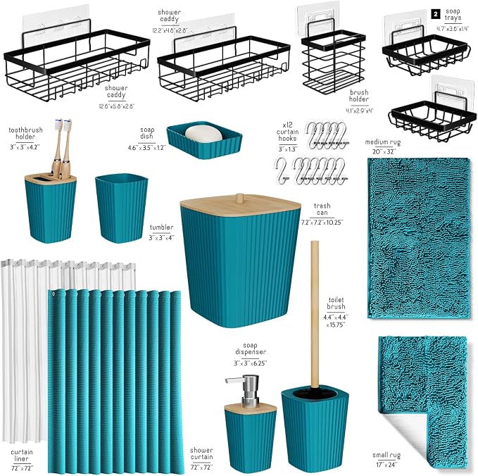Clara Clark Bathroom Accessories Set - 27PC Bathroom Set with Adhesive Corner Shower Caddy Hanging, Bathroom Sets with Shower Curtain and Rugs, Teal Shower Curtain Set with Bathroom Trash Can