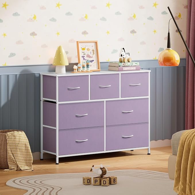 WLIVE 7 Drawer Dresser TV Stand, Entertainment Center, Media Console Table with Metal Frame and Wood Top for TV up to 45 inch, Chest of Drawers for Bedroom, Living Room, Purple