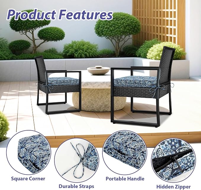 IPYNBAP Outdoor Chair Cushions Set of 4 -Waterproof Outdoor Seat Cushions for Patio Furniture, Patio Chair Cushion with Handle and Ties, Out Door Chair Pads,19x19x3-Square, Green Paisley