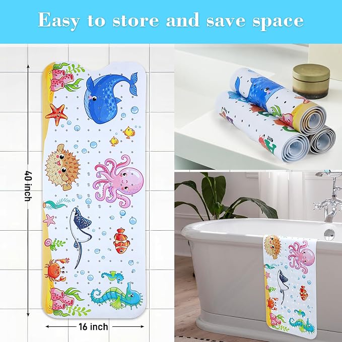 Secopad Bath Mat for Tub Non Slip, Machine Washable Anti-Slip Cartoon Baby Bathtub Shower Mat with Drain Holes and Suction Cups for Toddler & Kids (40 Inch x 16 Inch-Rectangular, New-Octopus)