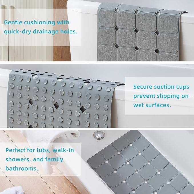 Yanzifly Non-Slip Silicone Bathtub Mat – Foldable, Machine Washable, Durable & Eco-Friendly Bath & Shower Mat with Strong Suction Cups, Large Drain Holes, Ideal for Family Use, 14.9 x 27.5in, Grey