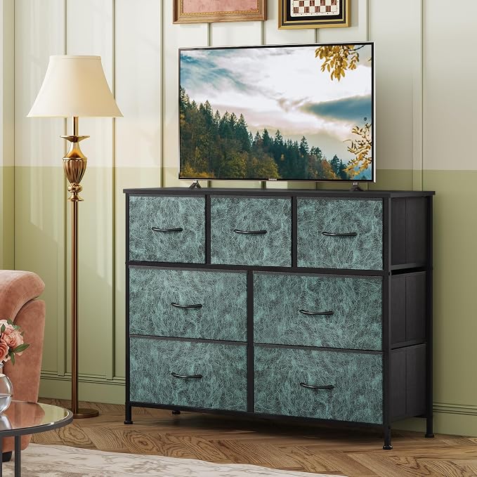 WLIVE 7 Drawer Dresser TV Stand, Entertainment Center, Media Console Table with Metal Frame and Wood Top for TV up to 45 inch, Chest of Drawers for Bedroom, Living Room, Vintage Green