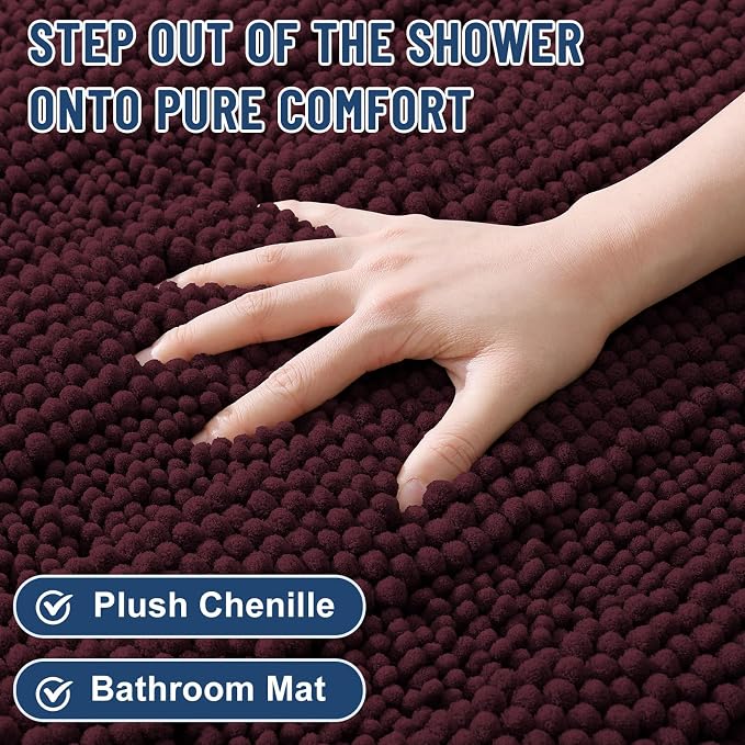 Grandaily Chenille Striped Bathroom Rugs 30x20, Extra Thick and Soft Absorbent Bath Mats, Rubber Backing, Plush Shaggy Shower Carpet, Machine Wash Dry, Bath Rug for Bathroom, Black Cherry