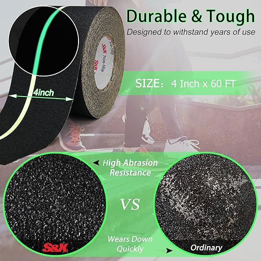 S&X Anti Slip Tape 4 Inch x 60 Ft, 2X Longer Heavy Duty Grip Tape with Glow-in-Dark Strip, Outdoor Stair Treads Non-Slip for Steps Ramps Decks, Non Skid for Enhanced Safety