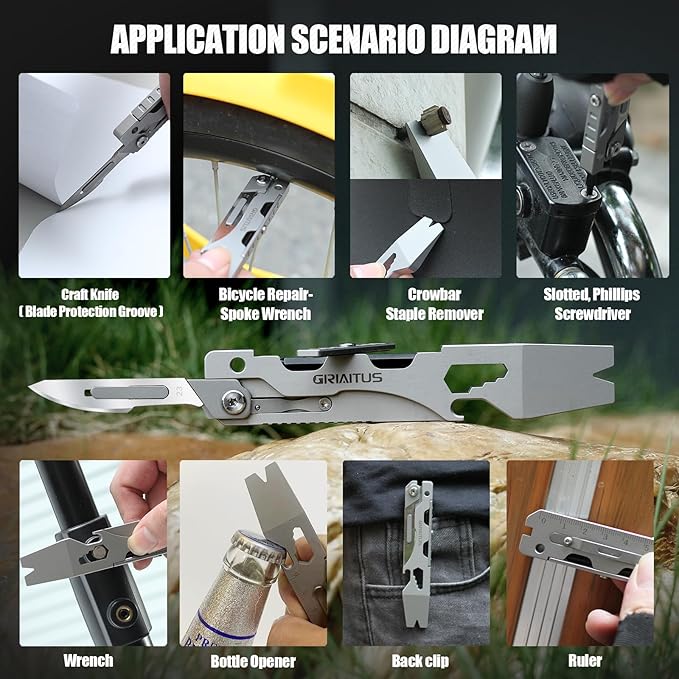 Multitool Pry Bar Wrench Tool with Flat/Phillips Screwdriver Folding Multi-tool Box Cutter Blade Knife, Bottle Opener, Steel Handle, Everyday Carry, Cycling, Camping EDC Pocket Gadget Gifts for Men