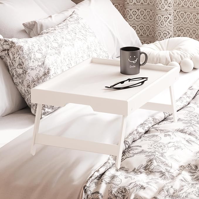 Fibogollo 4 Pack Bamboo Bed Tray Table with Folding Legs,Breakfast Trays,Serving Tray for Food and Snack,Laptop Trays for Working(White)