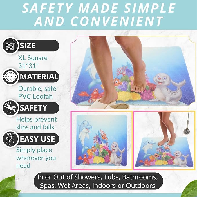 Extra Large Square Shower Mat Non Slip - Stall Shower for Shower Bathroom Non Slip for Shower - Secure Mat for Shower Floor - Safety Shower Mat Loofah (Kids Dolphin 31x31)