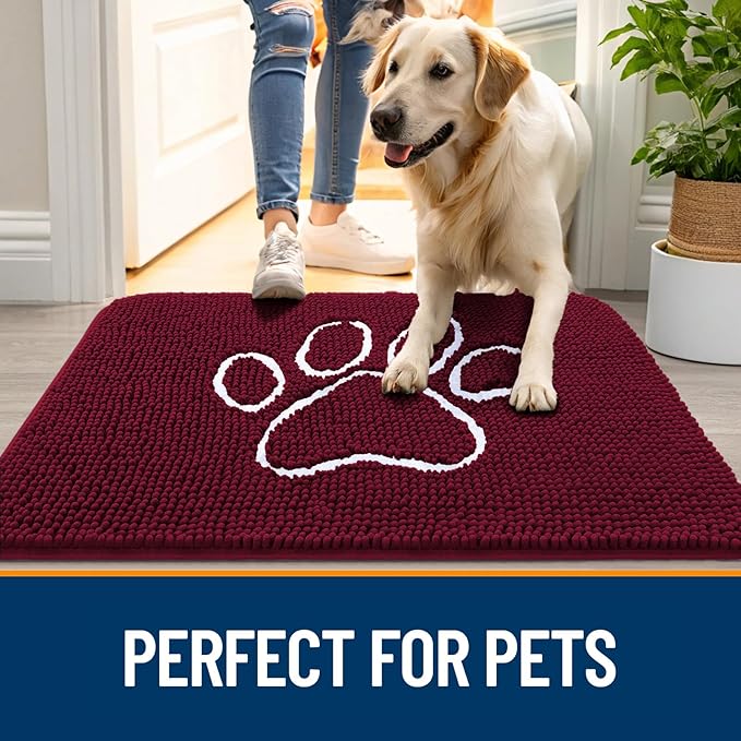 OLANLY Dog Door Mat for Muddy Paws 32x20, Paw Print Design, Absorbs Moisture and Dirt, Absorbent Non-Slip Washable Doormat, Quick Dry Chenille Mud Mat for Dogs, Entry Indoor Entryway Carpet, Burgundy