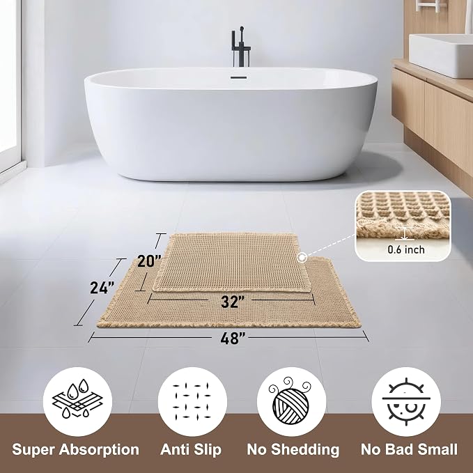 JIUZHEN Set of 2 Waffle Bath Mats Non Slip Waffle Bathroom Runner Rug Washable Boho Runner Bath Rugs Super Absorbent Shower Mat for Bathroom Kitchen Hallway Laundry, 20" x 32" +24" x 48", Brown
