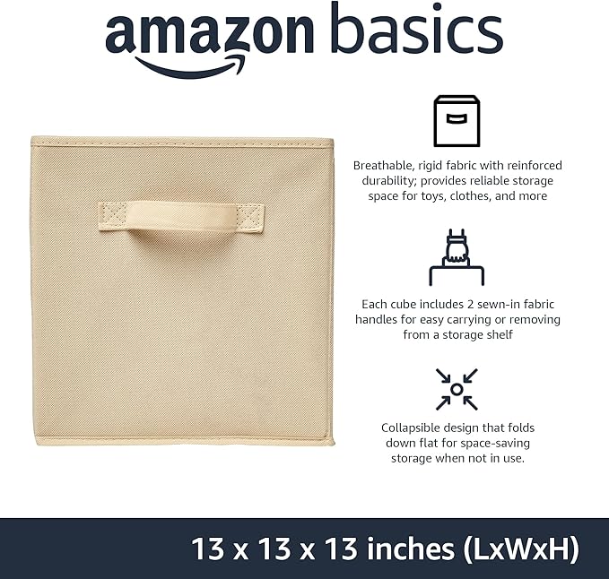Amazon Basics Collapsible Fabric Storage Cube Bins Organizer with Handles for Organization and Organizing Solution, 13"x13"x13", Beige, 6-Pack