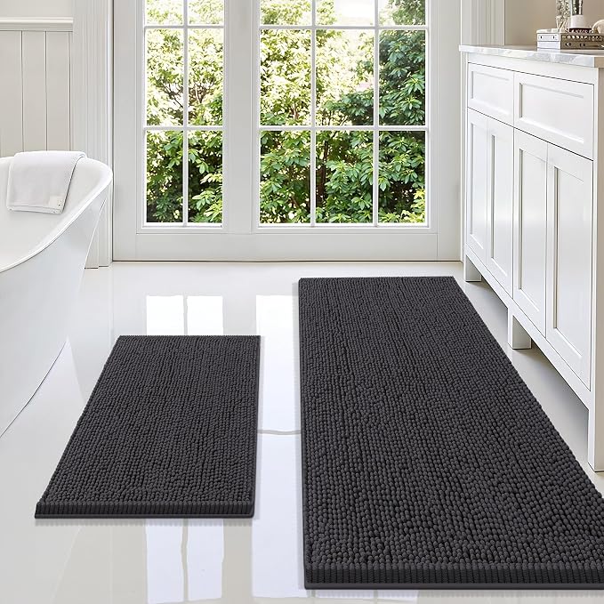 Smiry Bathroom Rugs Sets 2 Piece, Soft Absorbent Chenille Machine Washable Non Slip Shaggy Bath Rug Set for Tub, Shower, and Floor (59x20+24x16, Charcoal Grey)