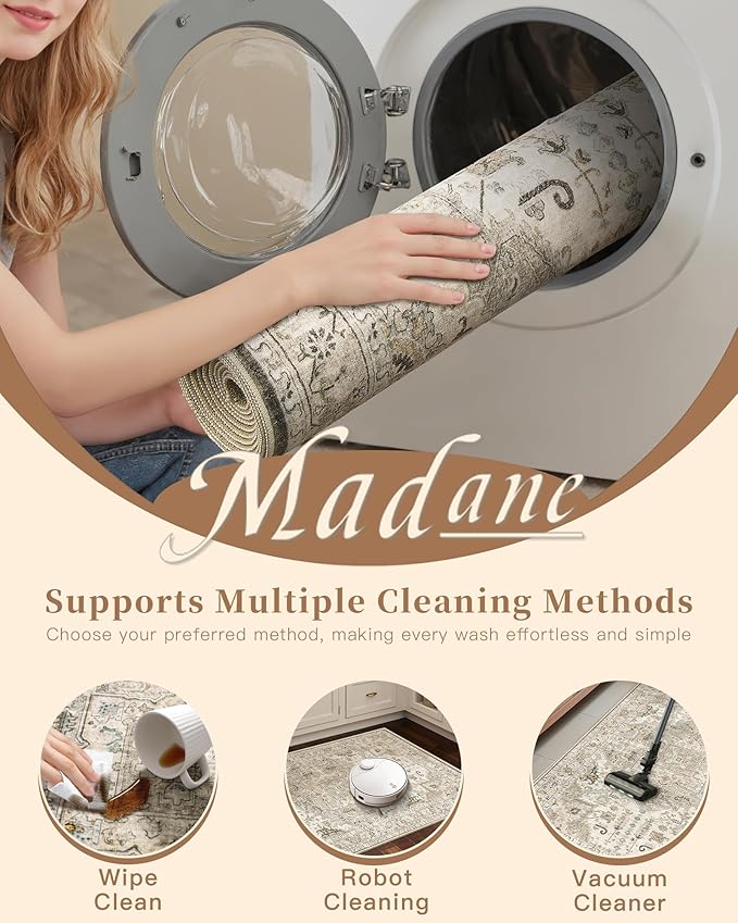 Madane Hallway Runner 3x8, Kitchen Rugs Washable Entryway Rug Vintage Kitchen Runners Non Slip Indoor Area Rug Farmhouse Carpet Runner for Bathroom Living Room Bedroom (3 X 8, Ivory/Brown)