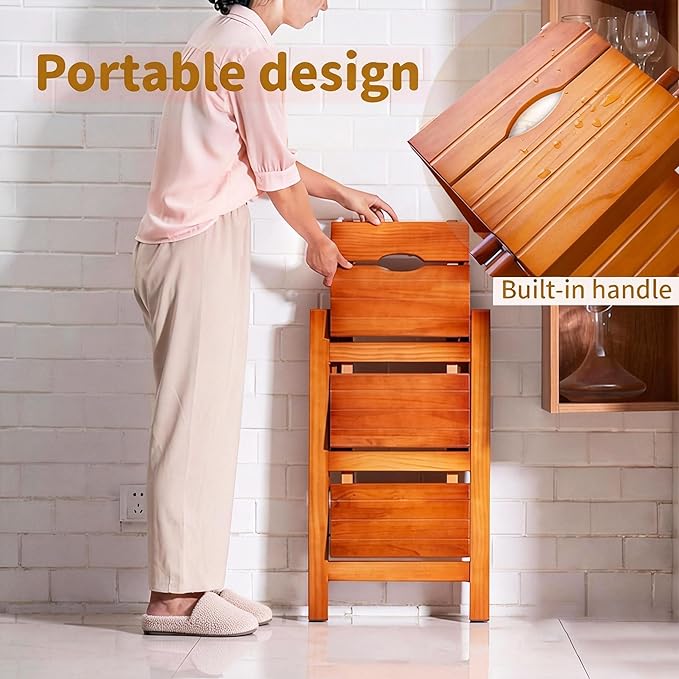 3-Step Ladder Stool, Wooden Folding Step Stool for Home & Kitchen, Solid Pine with Non-Slip Steps & Anti-Scratch Shoe Covers, 337lb Weight Capacity, Space-Saving, No Assembly Required (Brown)