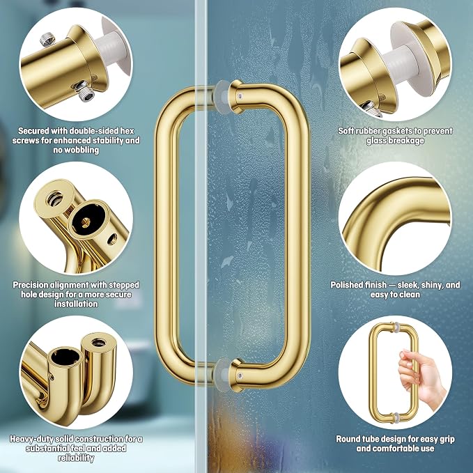 Ranbo Polished Gold 8" （CTC） Tubular Back-to-Back Shower Door Handle，Heavy-Duty 1.0mm Thick 304 Stainless Steel, for 1/4"- 1/2" Thick Glass and 1-3/8" - 2-1/6" Thick Wooden or Metal Doors