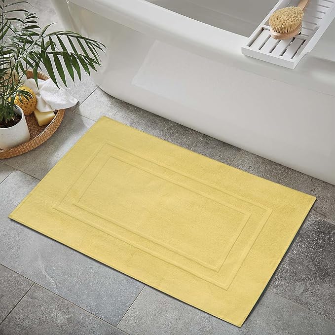 Feather & Stitch 2 Piece Towel Like Bath Mats (30x21 Inch) 100% Cotton Terry Bath Mats, Bathroom Shower Floor Mats [NOT A Bathroom Rug], Soft Absorbent Washable Mats - Yellow