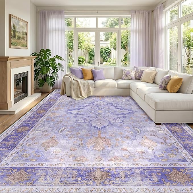 RELEANY Area Rugs Large 10'x12' Washable Non-Slip, Floral Vintage Distress Medallion Carpet for Living Room Bedroom Dining Room, Light Purple Brown