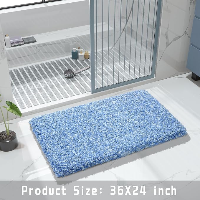 Yimobra Bathroom Rugs Non Slip Washable 36X24, Ultra Soft and Water Absorbent Bath Mats, Plush Fluffy Shower Mat Outside, Luxury Microfiber Thick Matts for Bathroom Floor/Tub, Blue and White