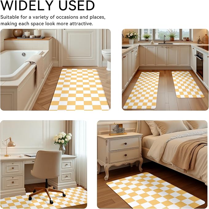 Yellow Checkered Grid Checkerboard Kitchen Rug Sets [2 PCs], Anti-Fatigue, Waterproof Non-Slip Kitchen Mats Heavy Duty Comfort Foam Rug for Kitchen, Floor, Laundry,17"x29"+17"x47"