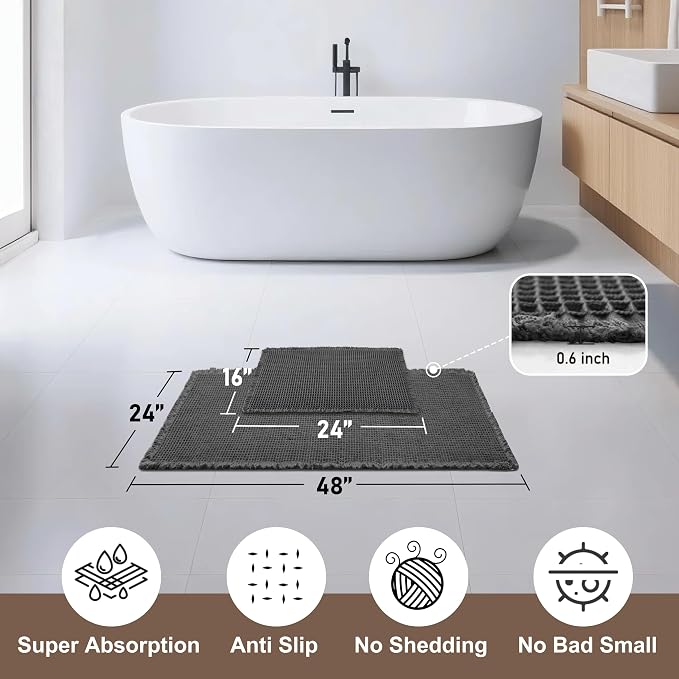 JIUZHEN Set of 2 Waffle Bath Mats Non Slip Waffle Bathroom Runner Rug Washable Boho Runner Bath Rugs Super Absorbent Shower Mat for Bathroom Kitchen Hallway Laundry, 16" x 24" +24" x 48", Black