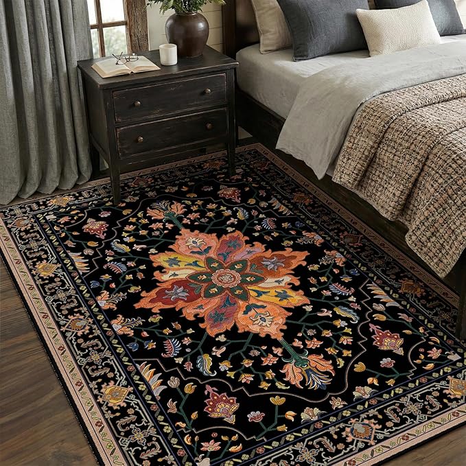 RELEANY Area Rugs 5'x7' Washable Non-Slip, Floral Vintage Distress Medallion Carpet for Living Room Bedroom Dining Room, Black Colorful Floral Dark Tan