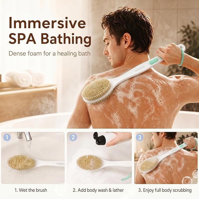 Back Scrubber for Shower with Long Handle,Green | Double Sided Bristles (Stiff & Soft), Anti-Slip Grip, Lightweight - Gift for Seniors, Includes Lanyard & Hook