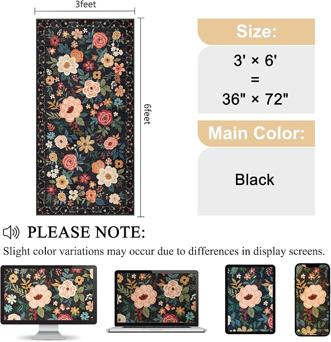 DUKINO 3x6 Runner Rug, Washable Soft Floral Hallway Runner Rug with Non Slip, Low Pile Thin Floor Carpet for Kitchen, Bathroom, Entryway, Laundry, Entryway, Black