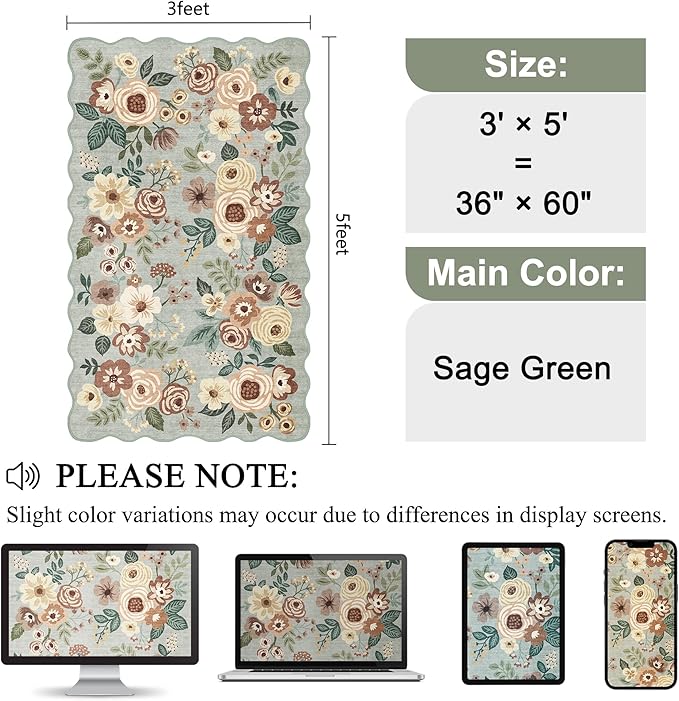 DUKINO 3x5 Area Rug, Floral Non-Slip Indoor Washable Rug with Low Pile & Non-Shedding, Lightwight Boho Design Carpet for Entryway, Bedroom, Kids Room, Living Room, Kitchen, Sage Green